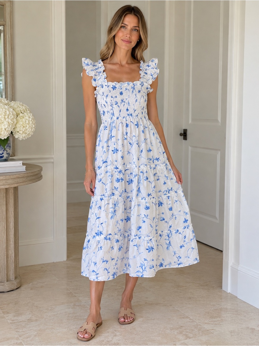 Hill House Home Ellie Nap Dress Blue Botanical Floral White Blue Size S
